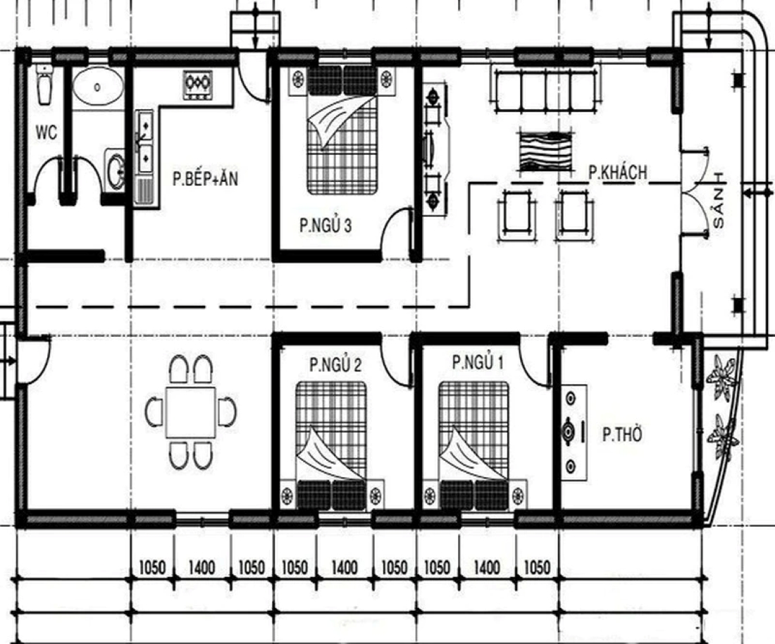 Bản vẽ nhà cấp 4 mái bằng 3 phòng ngủ 300 triệu