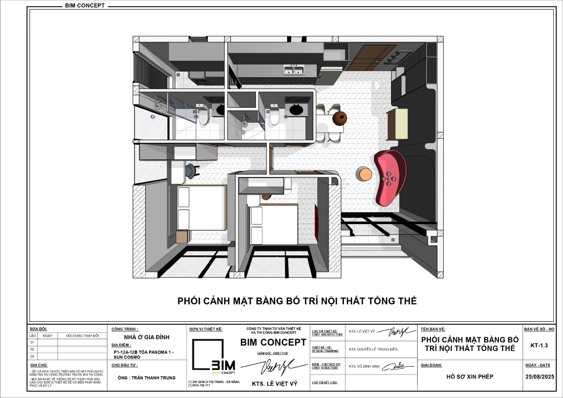 Bản vẽ phối cảnh mặt bằng nội thất chung cư 2 phòng ngủ