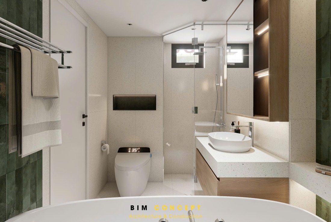 Bồn cầu thông minh, tủ gỗ tối giản và bồn rửa mặt tinh tế