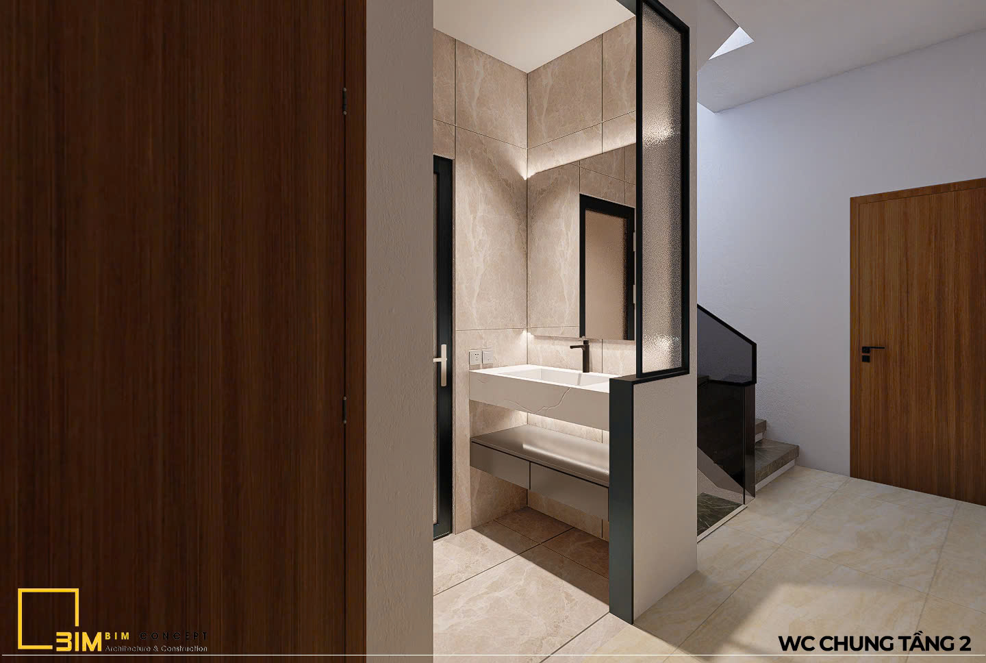 Không gian nhà vệ sinh tầng 2 được thiết kế tối giản