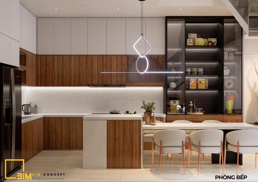 Khu bếp chữ L được tối ưu hóa với tủ lạnh và tủ trưng bày