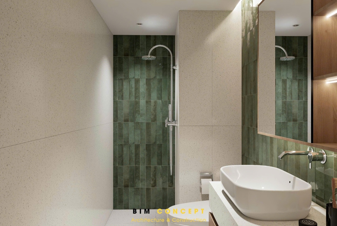 Lavabo hiện đại, tủ gỗ ấm áp, gạch xanh nổi bật