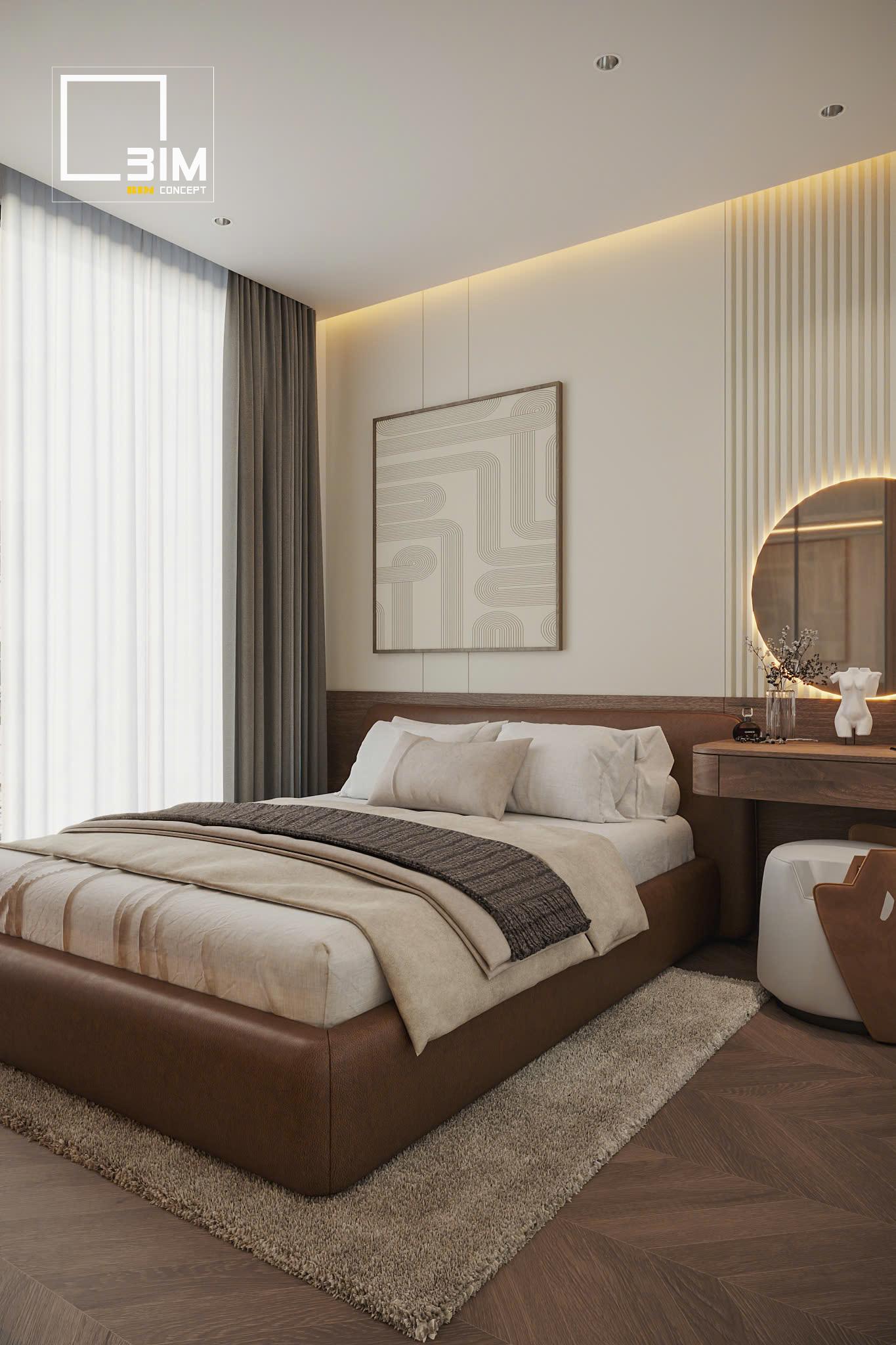 Mảng tường đầu giường ốp gỗ và tranh trừu tượng