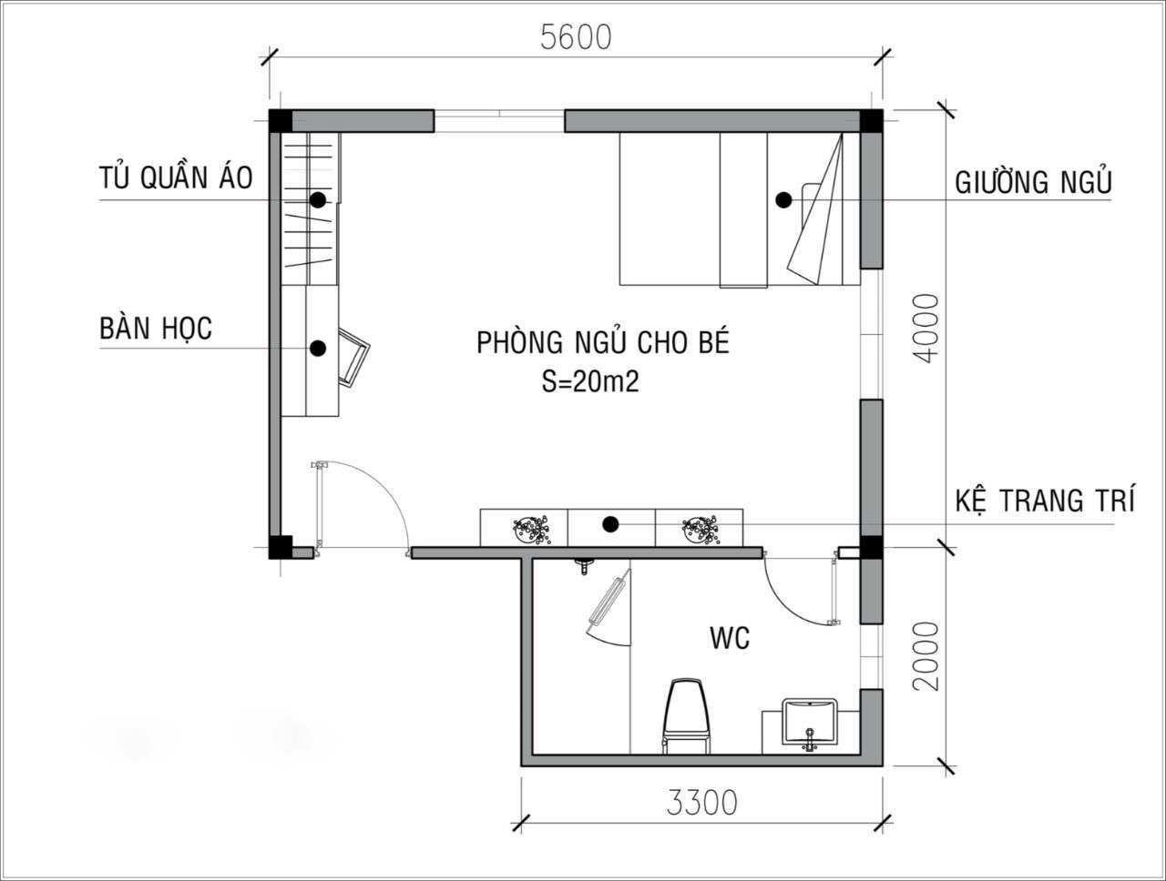 Gợi ý mặt bằng phòng ngủ bé có nhà vệ sinh