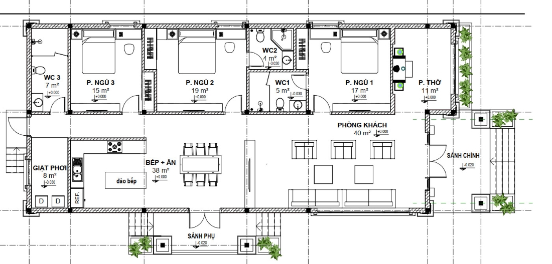 Bản vẽ nhà cấp 4 3 phòng ngủ 300 triệu phong cách hiện đại