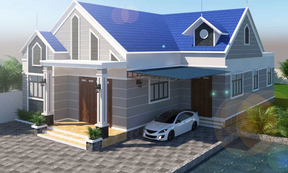 Mẫu nhà cấp 4 chữ L mái tôn có gara