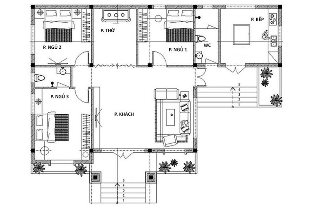 Bản vẽ nhà cấp 4 chữ L mái tôn hiện đại