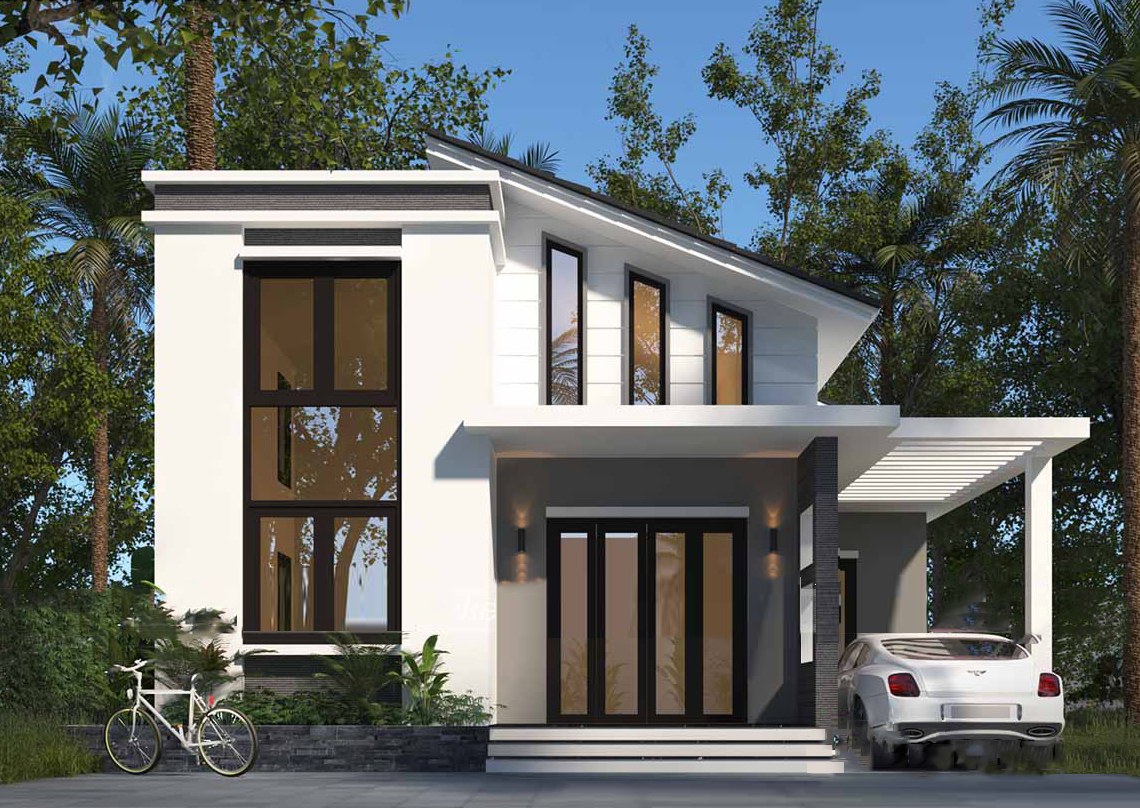 Mẫu nhà cấp 4 gác lửng mái lệch có gara ô tô