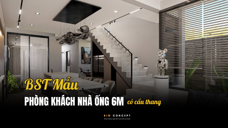 Mẫu phòng khách nhà ống 6m có cầu thang