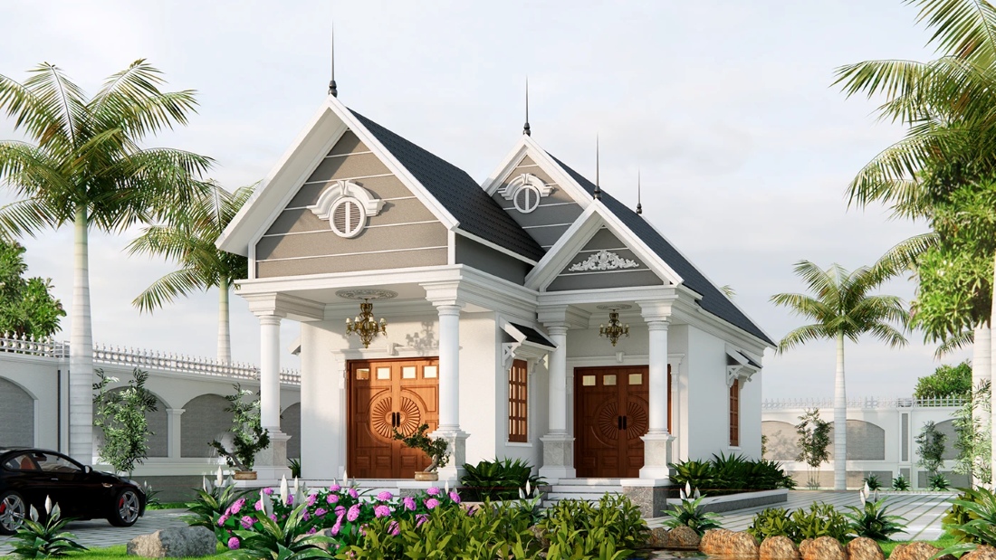 Mẫu nhà cấp 4 chữ L mái Thái phong cách Tân Cổ Điển