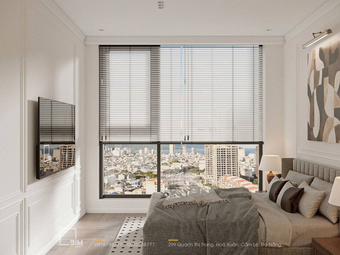 Phòng ngủ với cửa sổ lớn view thành phố