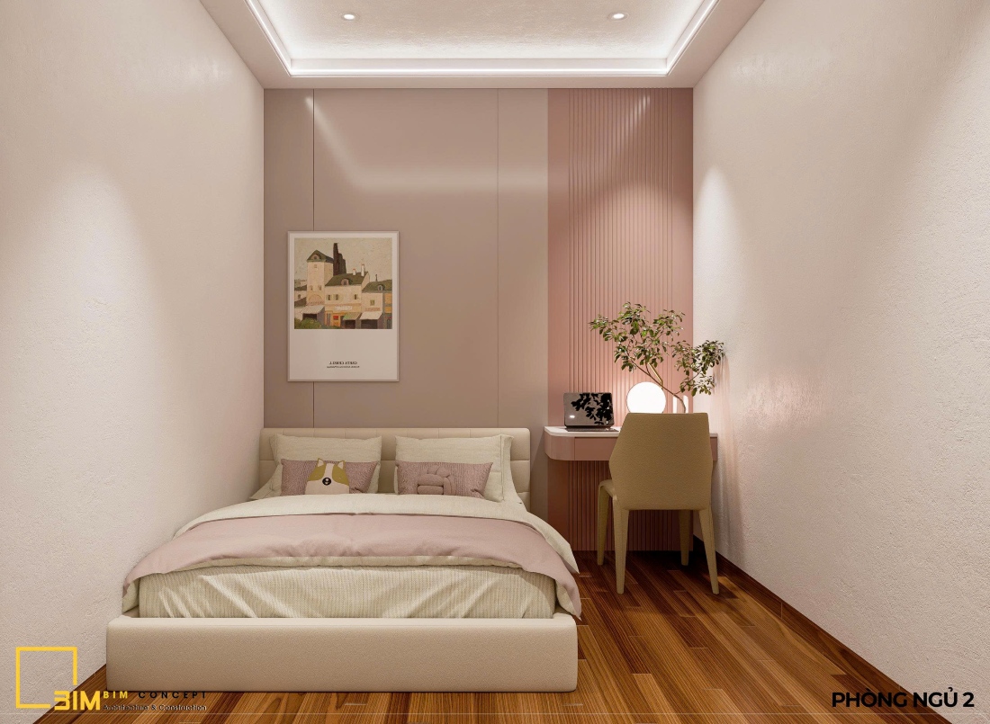 Phòng ngủ với giường và bàn trang điểm nhỏ gọn