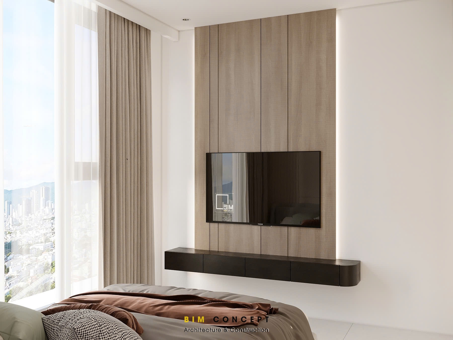 Thiết kế nội thất chung cư phòng ngủ với tivi treo tường