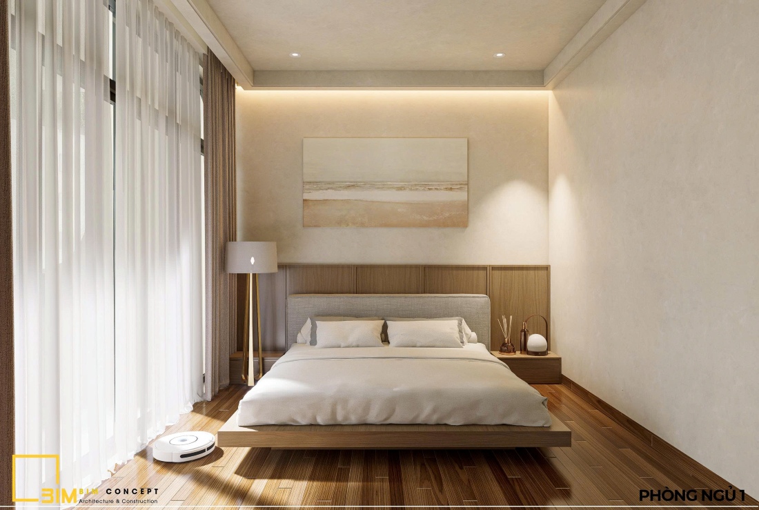 Thiết kế nội thất nhà phố hiện đại, tối giản với giường bệt