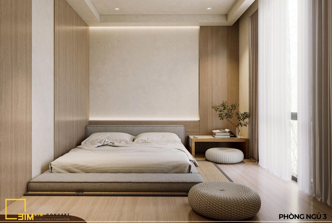 Thiết kế nội thất nhà phố, phòng ngủ với giường thấp