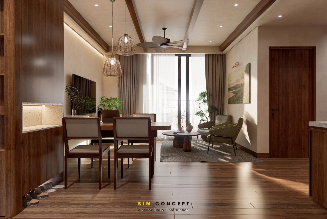 Toàn cảnh bàn ăn, sofa và cửa sổ lớn đón nắng