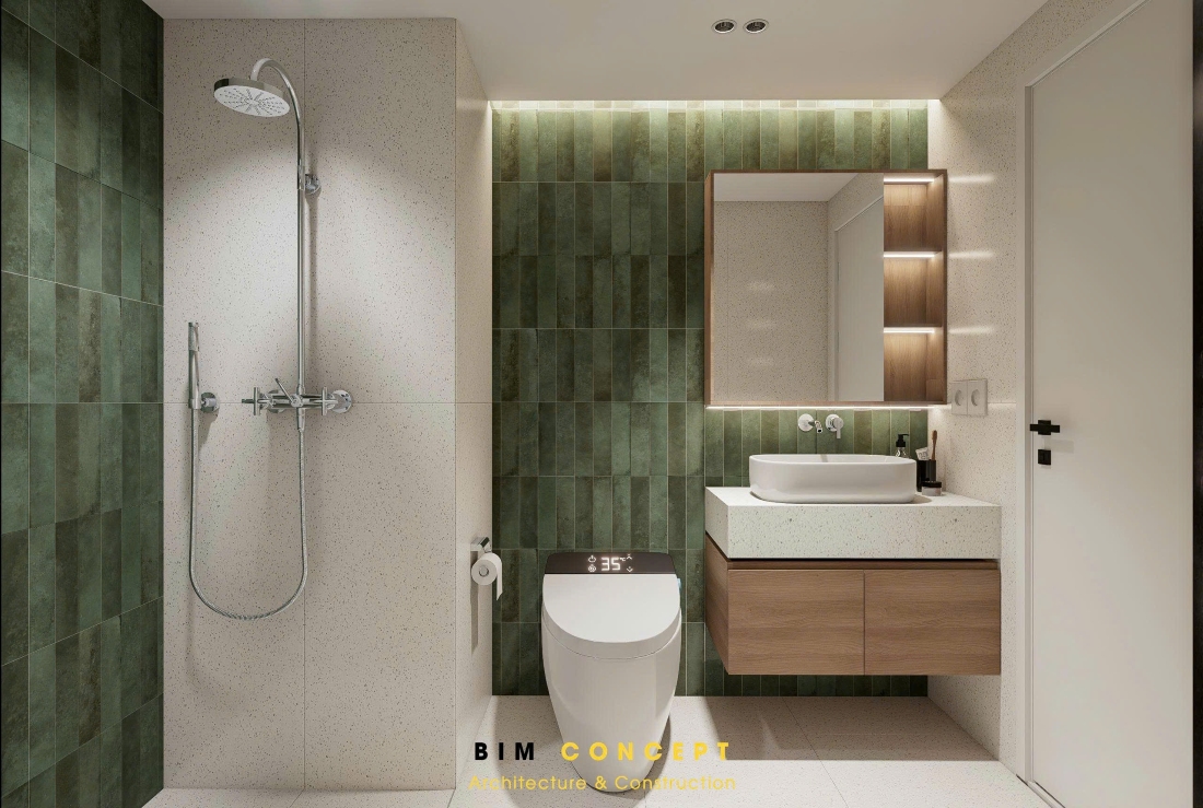Vòi sen và bồn rửa mặt hiện đại, gạch xanh rêu sang trọng