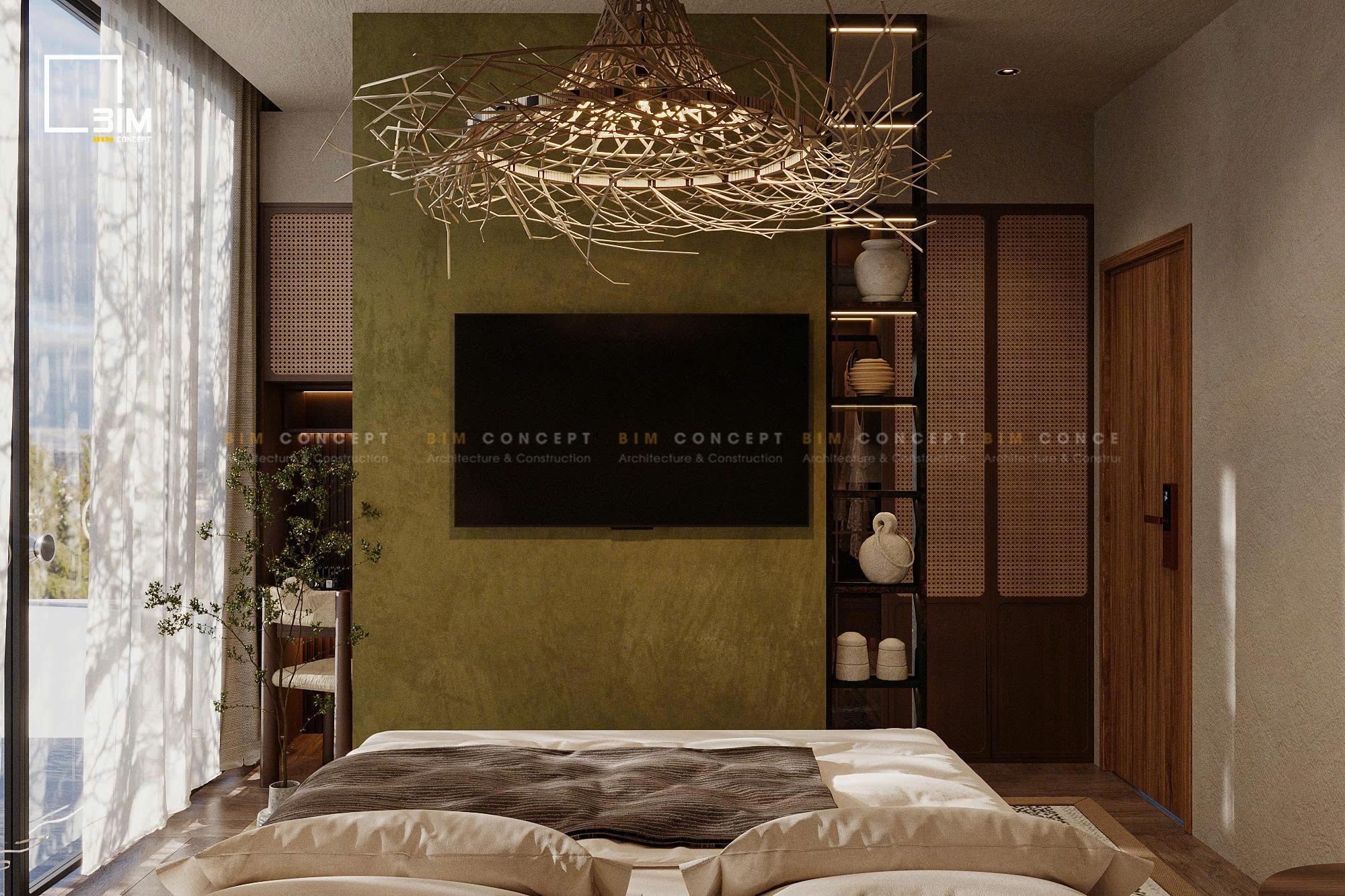 Ánh sáng tự nhiên cửa sổ lớn nội thất phòng ngủ Địa Trung Hải