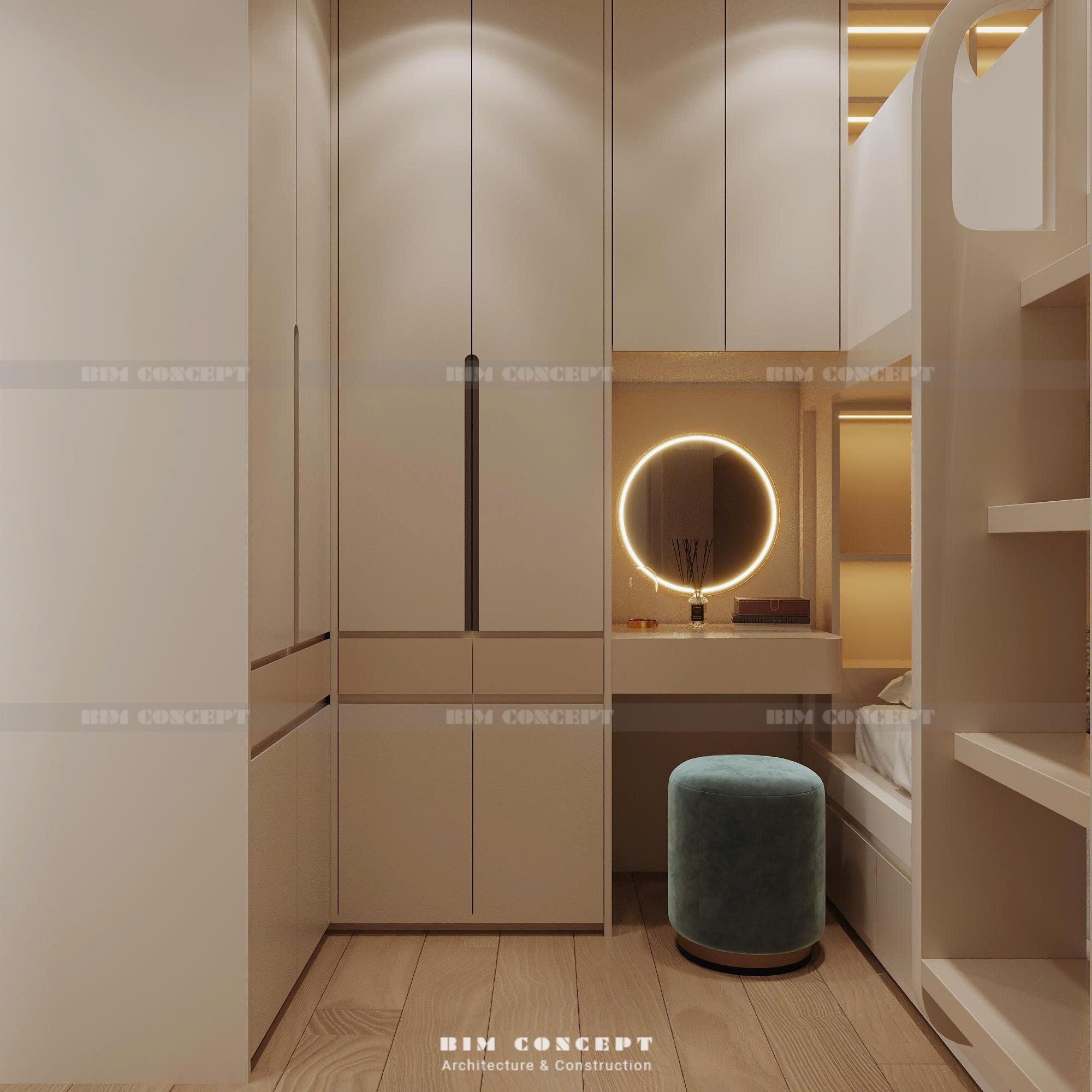 Bàn trang điểm gọn gàng thiết kế nội thất căn hộ tối ưu diện tích