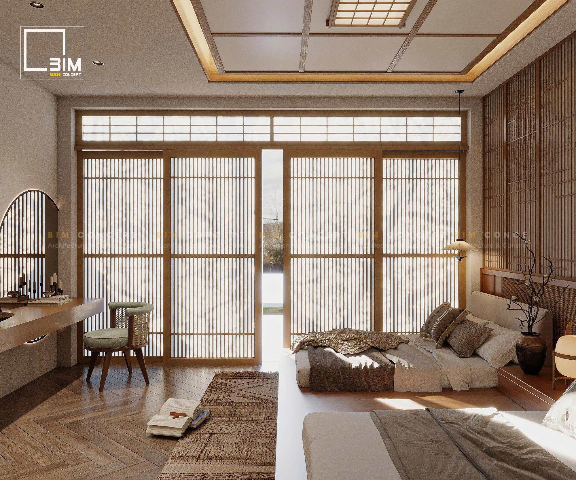 Bàn trang điểm tối giản gương bán nguyệt ghế mây tre Japandi