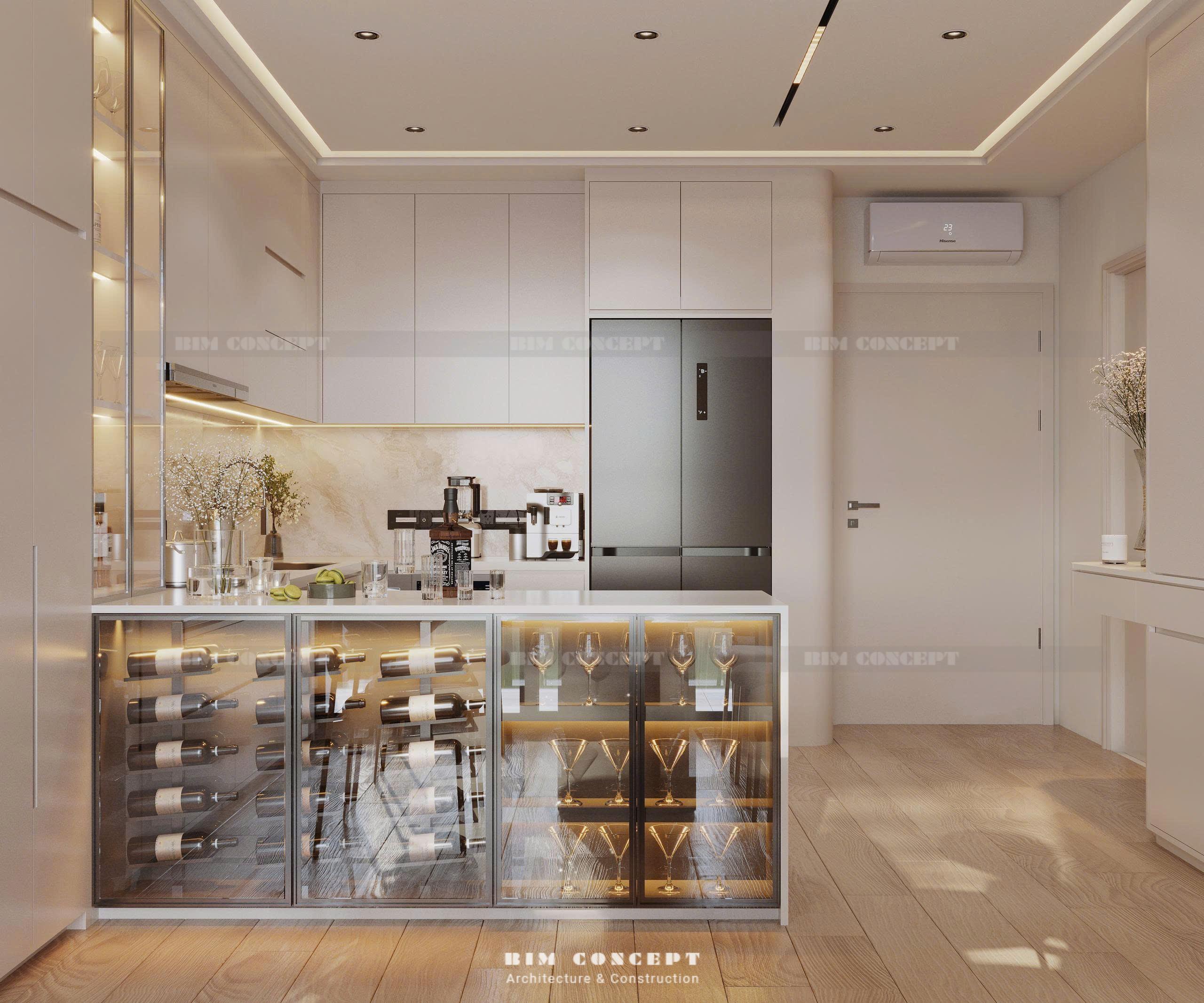 Đảo bếp kết hợp tủ rượu trong nội thất căn hộ Sun Ponte Residence