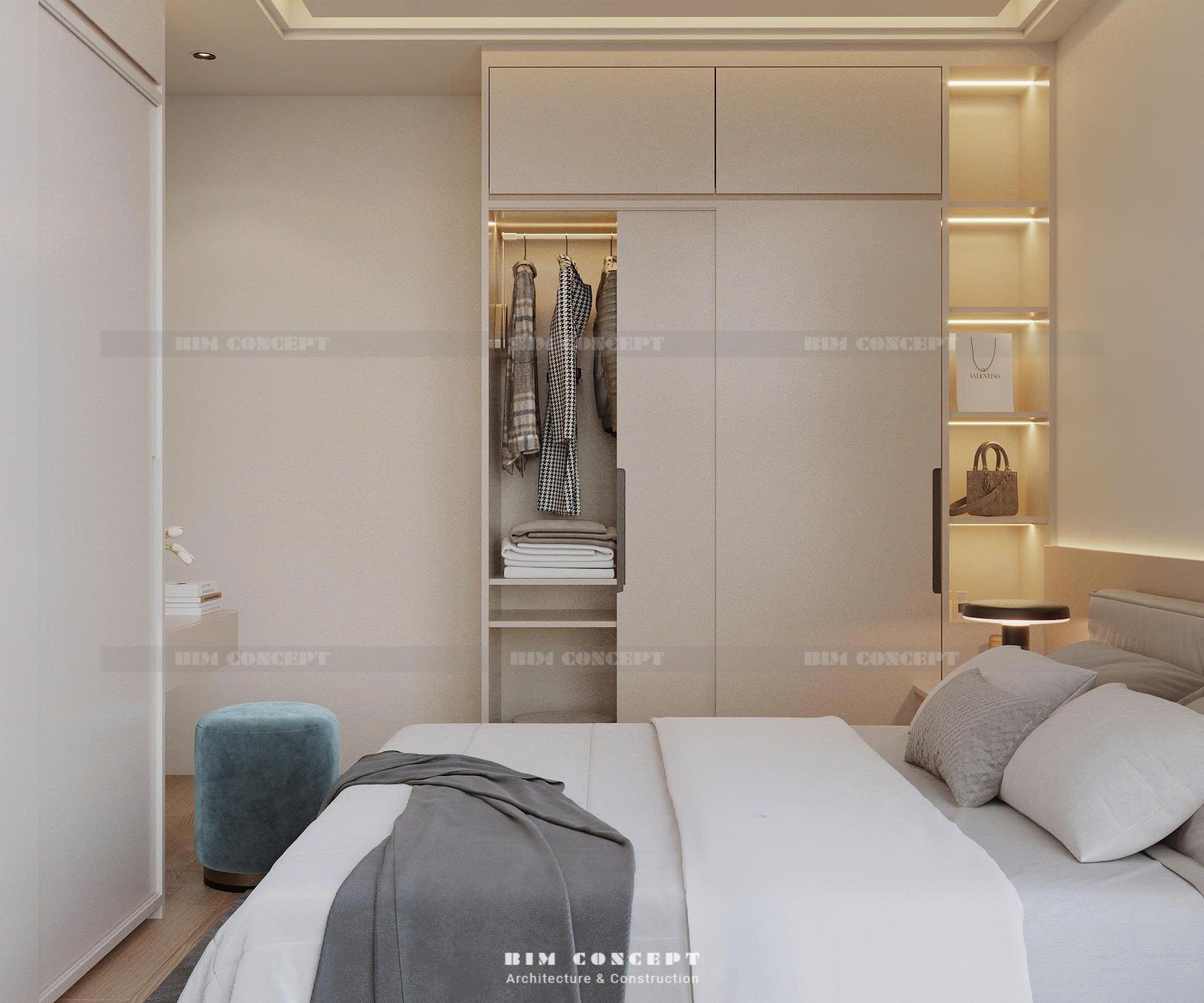 Giường ngủ bọc nệm êm ái trong nội thất căn hộ thư giãn