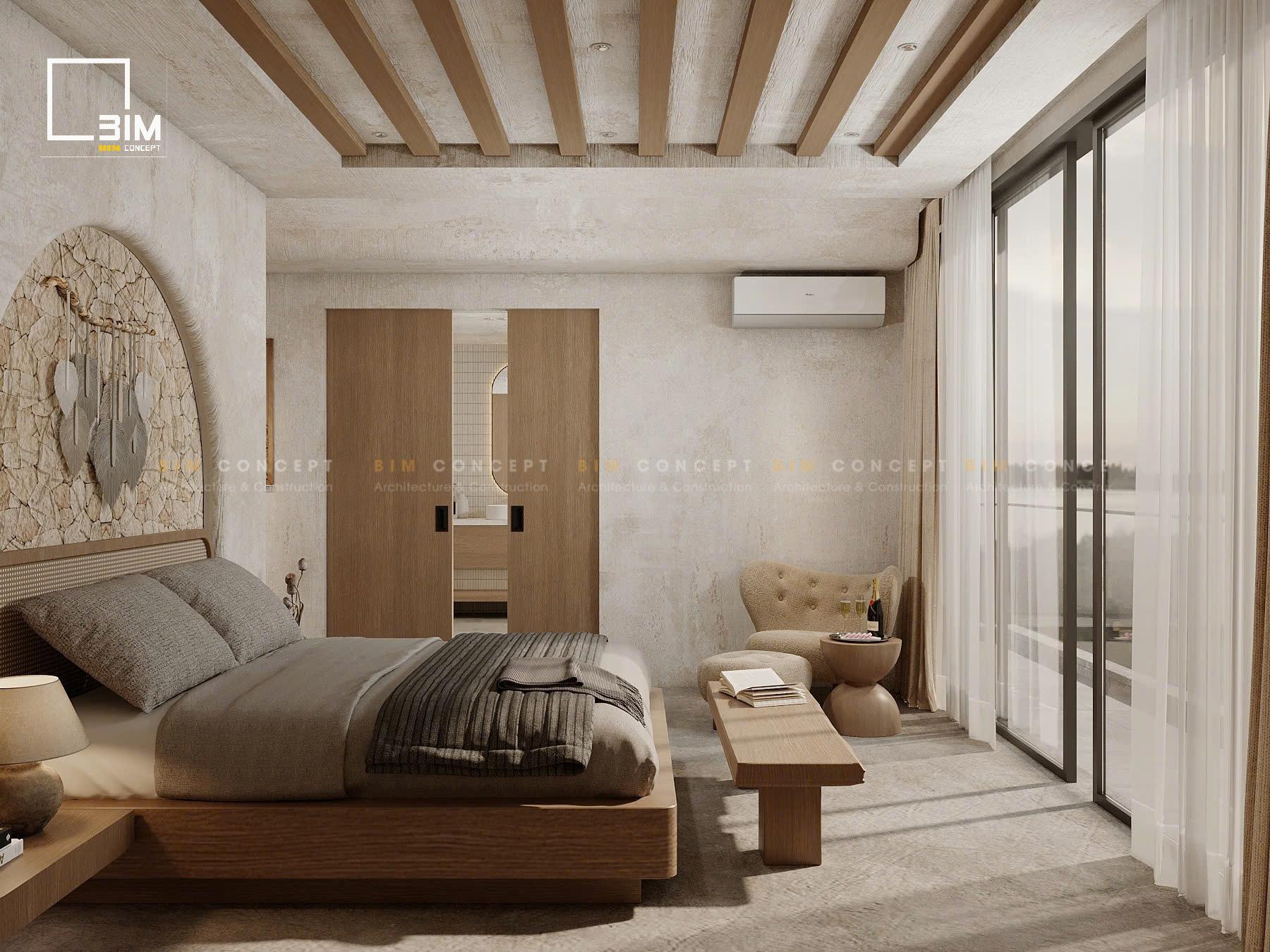 Góc làm việc tủ quần áp tre đan thiết kế nội thất biệt thự