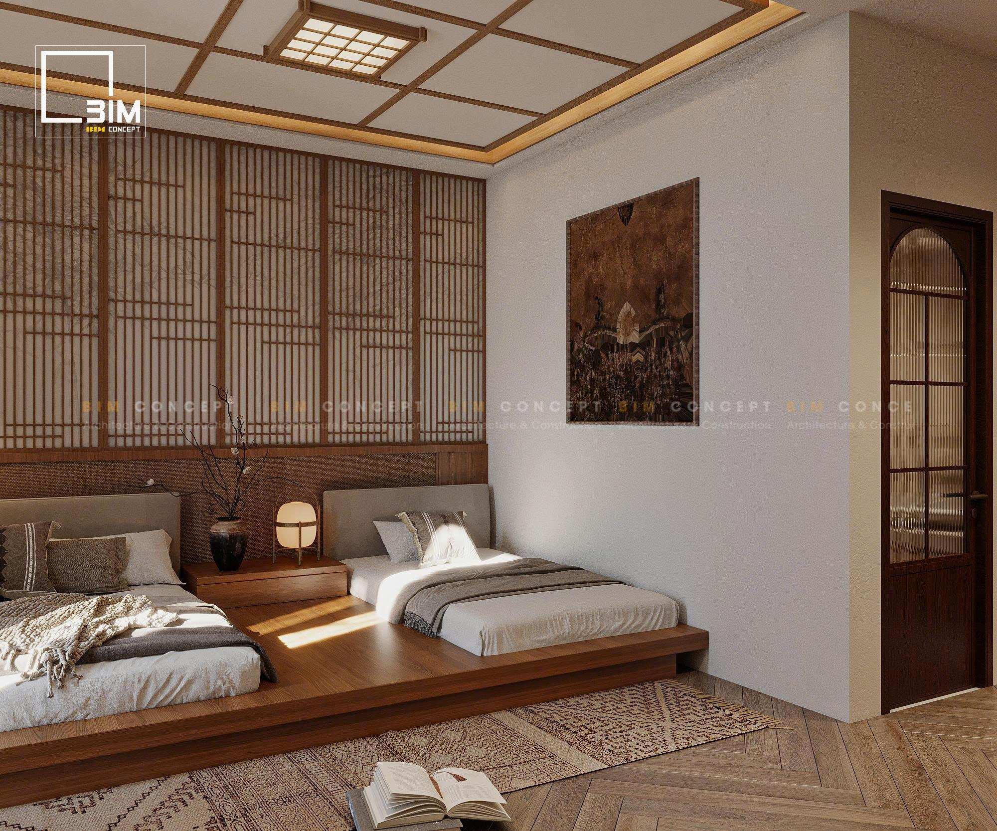 Hai giường đơn trên bục gỗ rộng rãi thảm họa tiết đơn giản