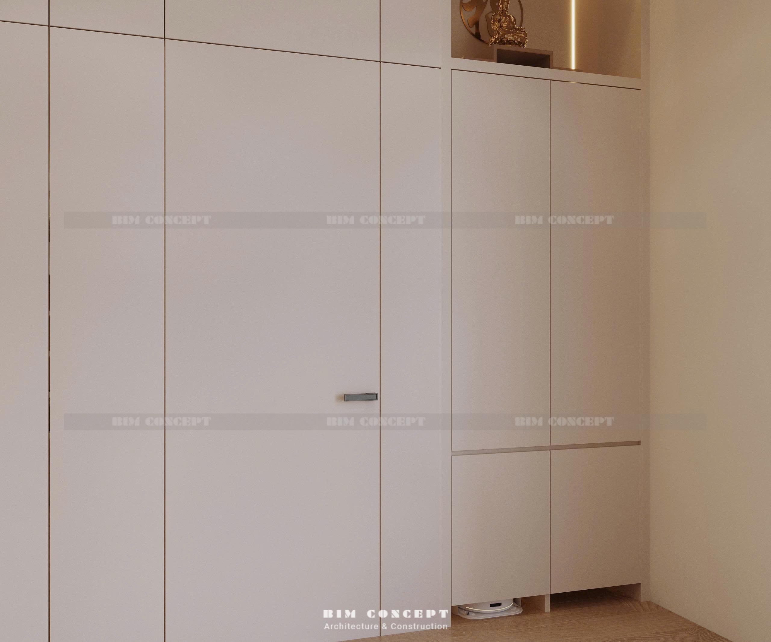 Hệ tủ đồ kịch trần màu trung tính tích hợp nơi ẩn giấu cho robot hút bụi