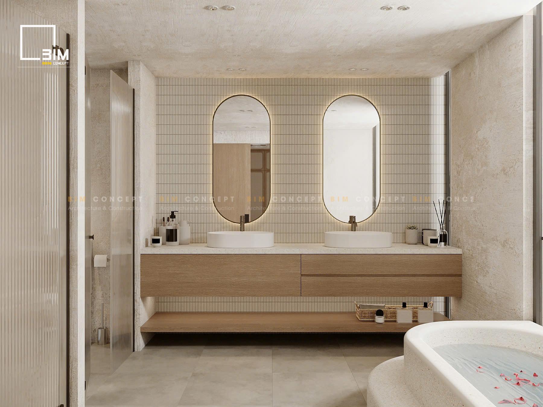 Không gian nội thất biệt thự phòng tắm đôi gương bầu dục đèn led viên