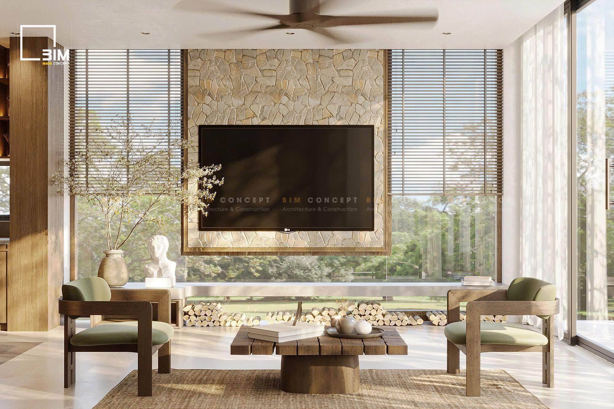 Không gian tiếp khách mở kết nối thiên nhiên trong thiết kế nội thất biệt thự