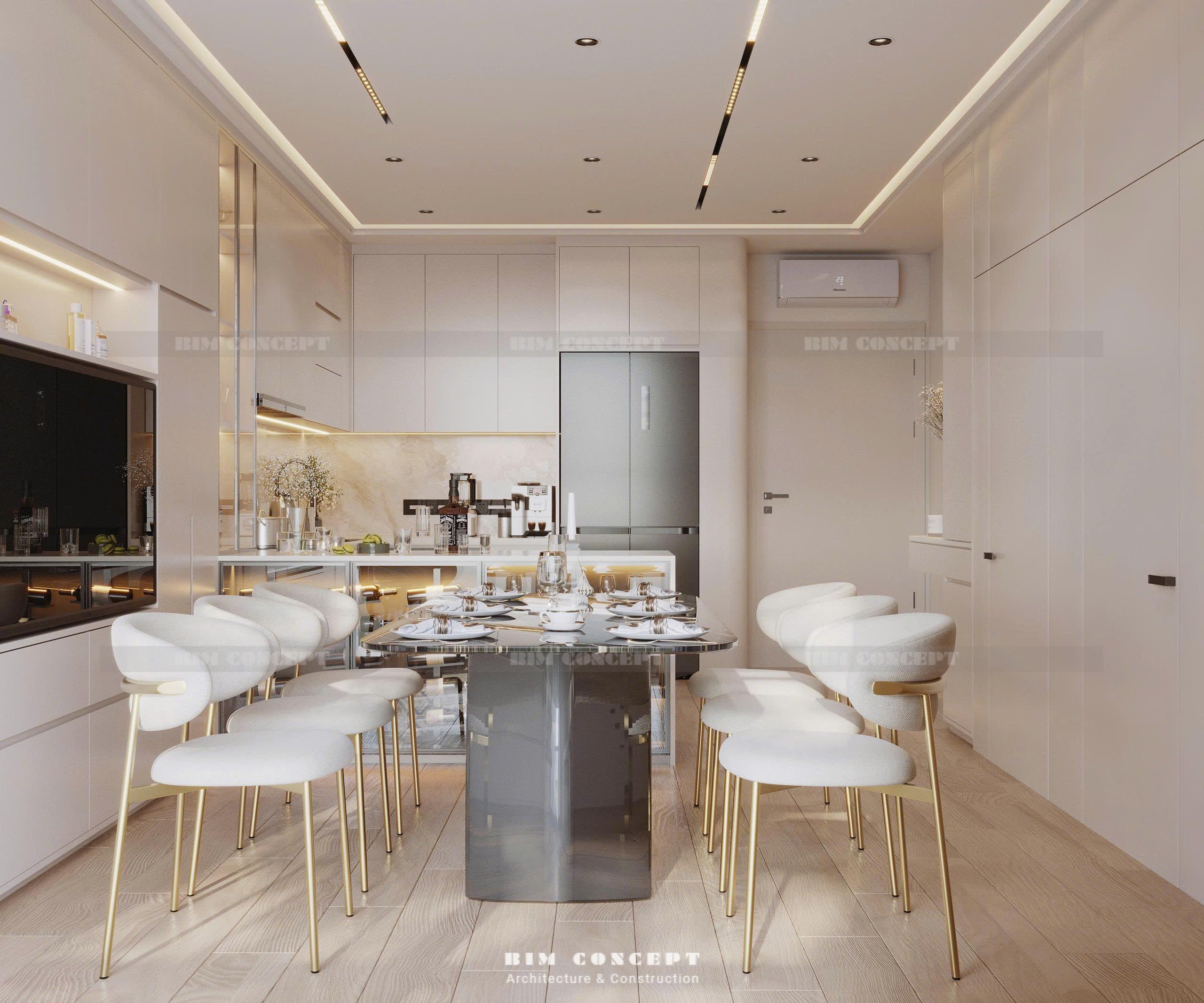 Khu vực bếp mở và bàn ăn là trọng tâm nội thất căn hộ