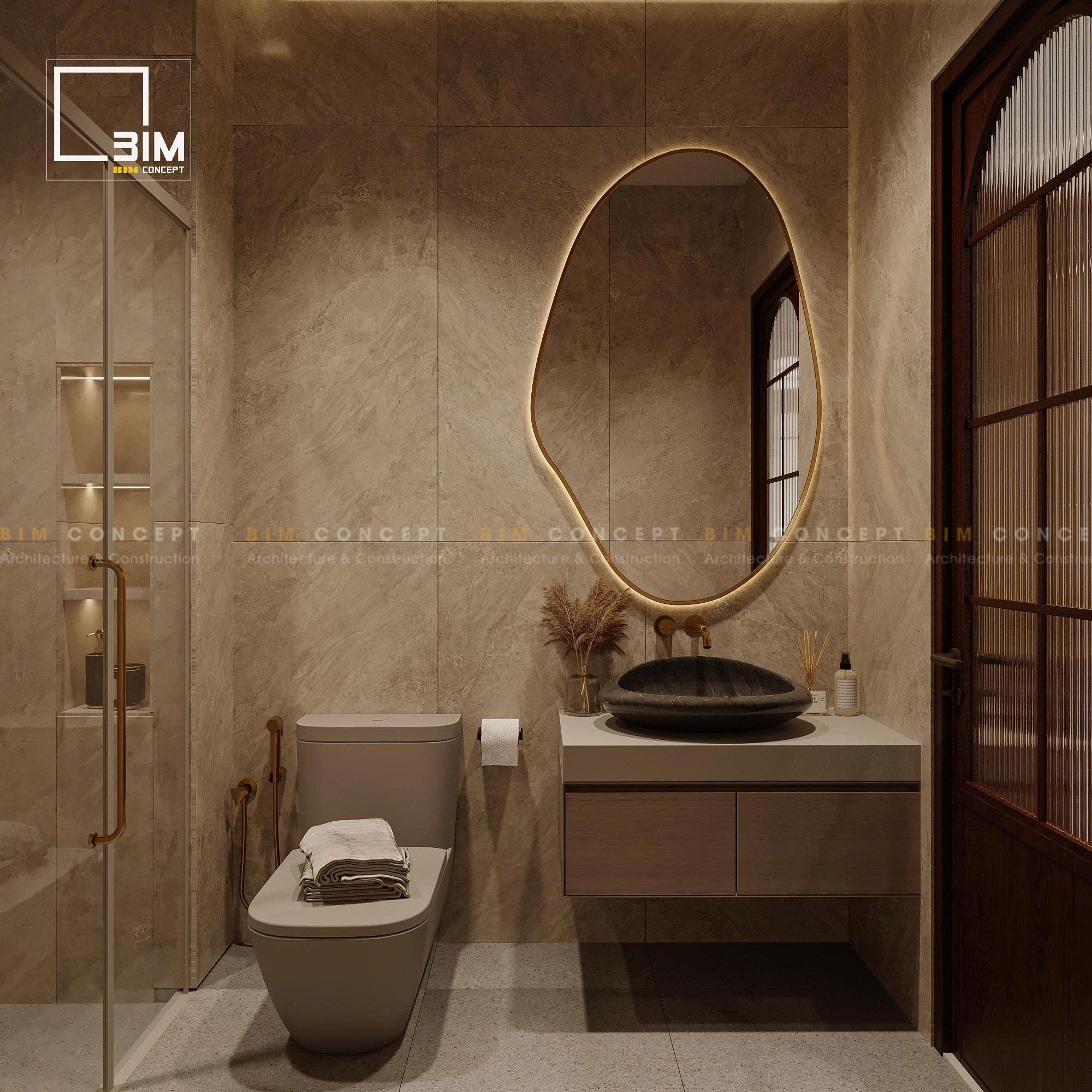 Lavabo đá đen bồn rửa đặt nổi gương viền vàng ánh sáng đèn led