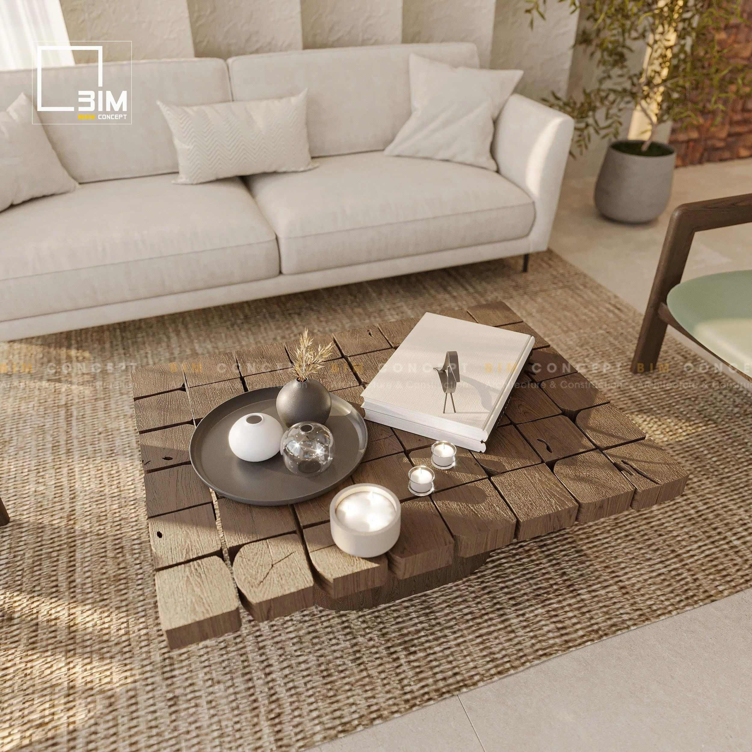 Nội thất biệt thự liền kề sử dụng chất liệu gỗ và đá tự nhiên mộc mạc