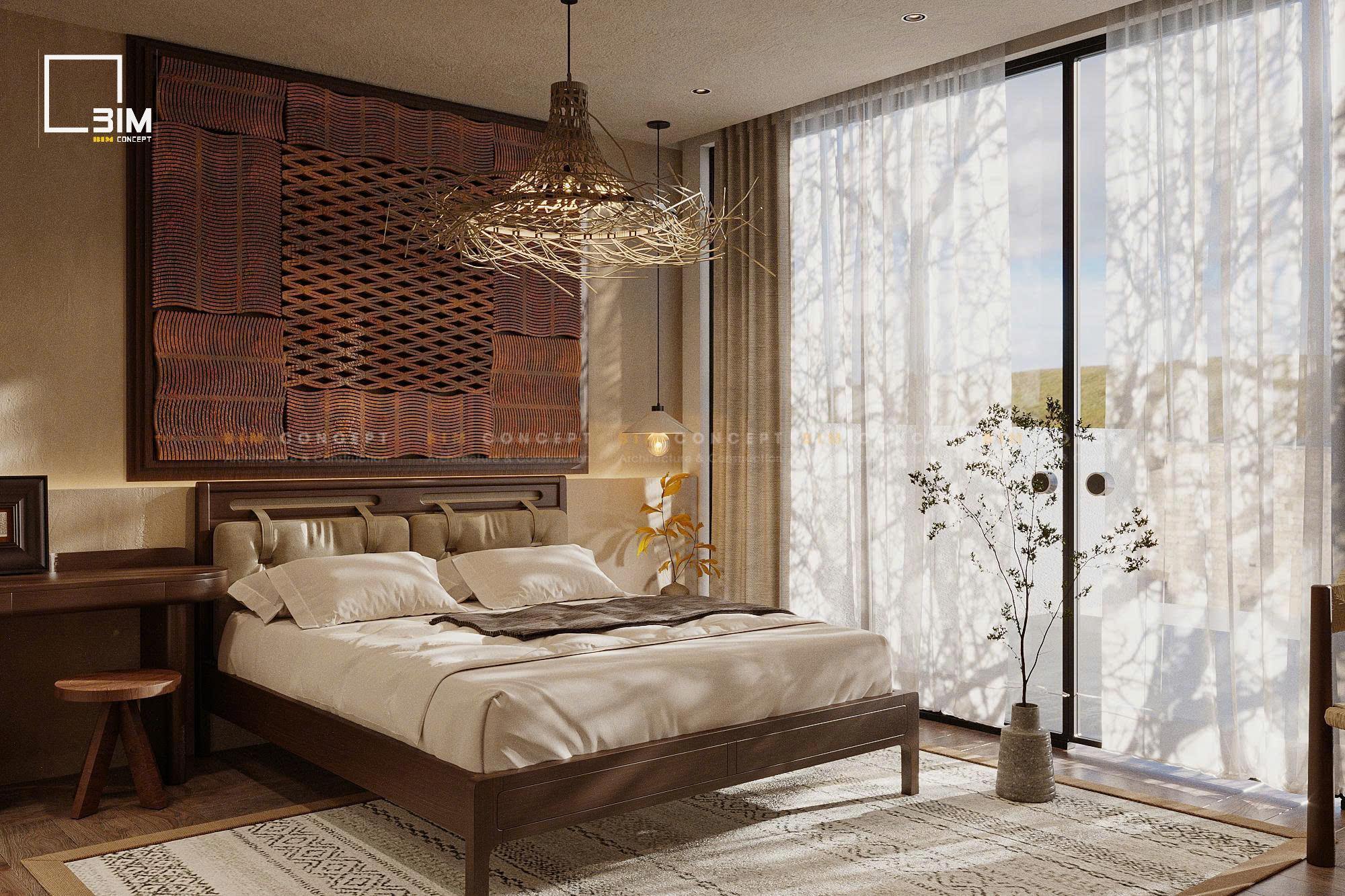 Nội thất biệt thự tận dụng vật liệu gỗ tối màu và thảm thổ cẩm