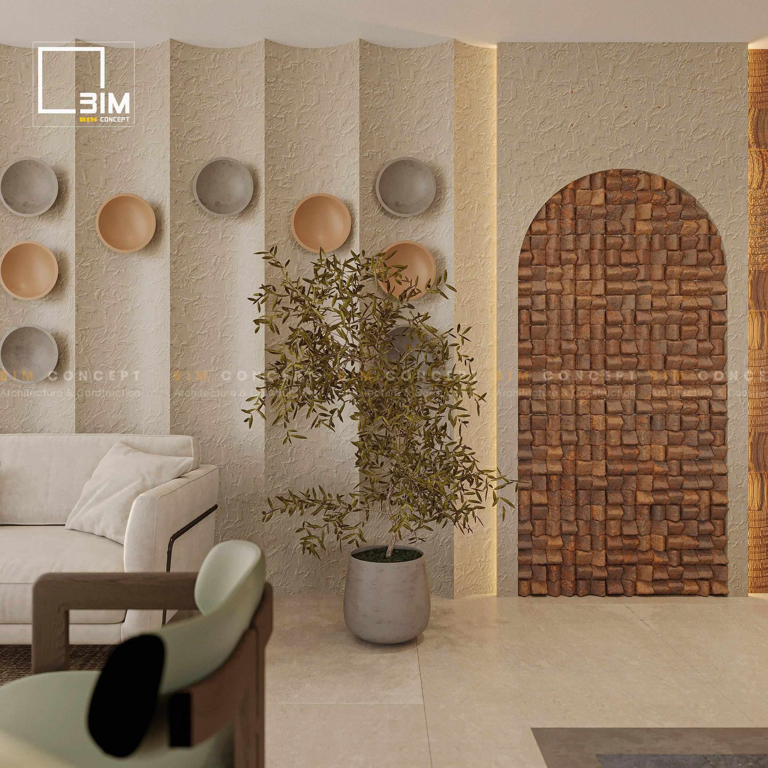 Phòng khách biệt thự liền kề với đồ nội thất bo tròn mang nét mềm mại