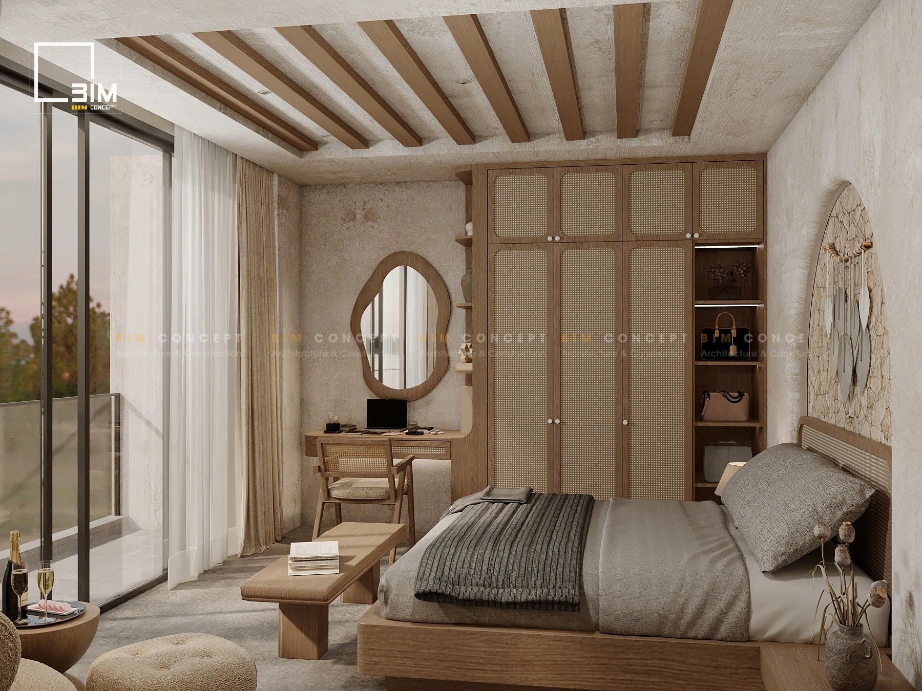 Phòng ngủ Địa Trung Hải giường thấp đầu giường đá thô và trần gỗ