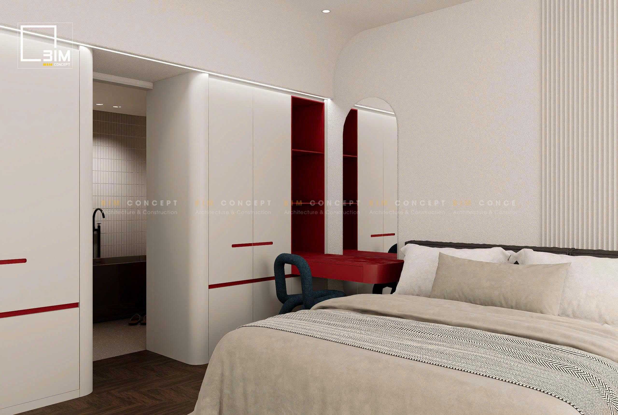 Phòng ngủ Mid Century đầu giường tối màu rèm xanh nổi bật