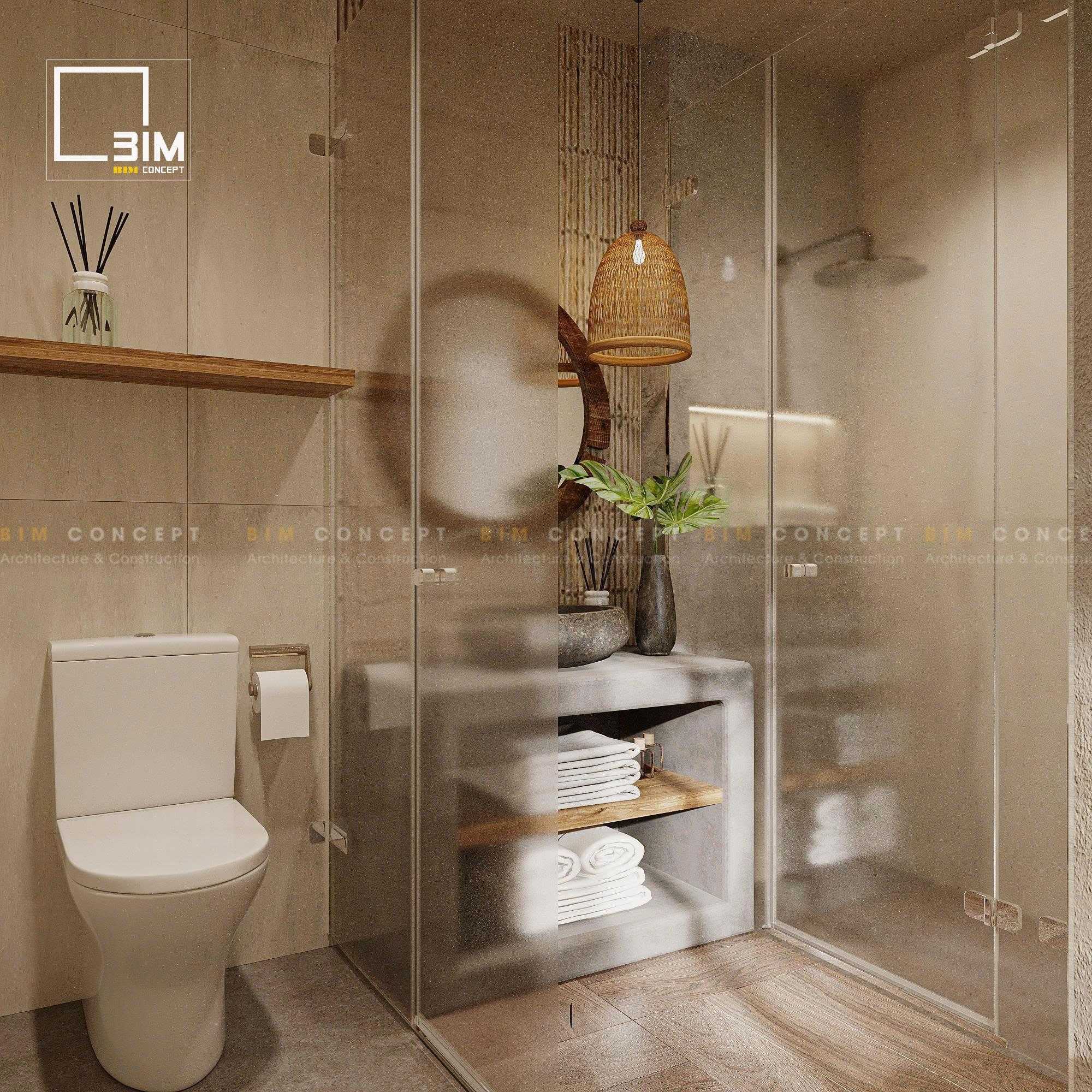 Phòng tắm buồng kính đứng với vòi sen đồng sang trọng, hiện đại