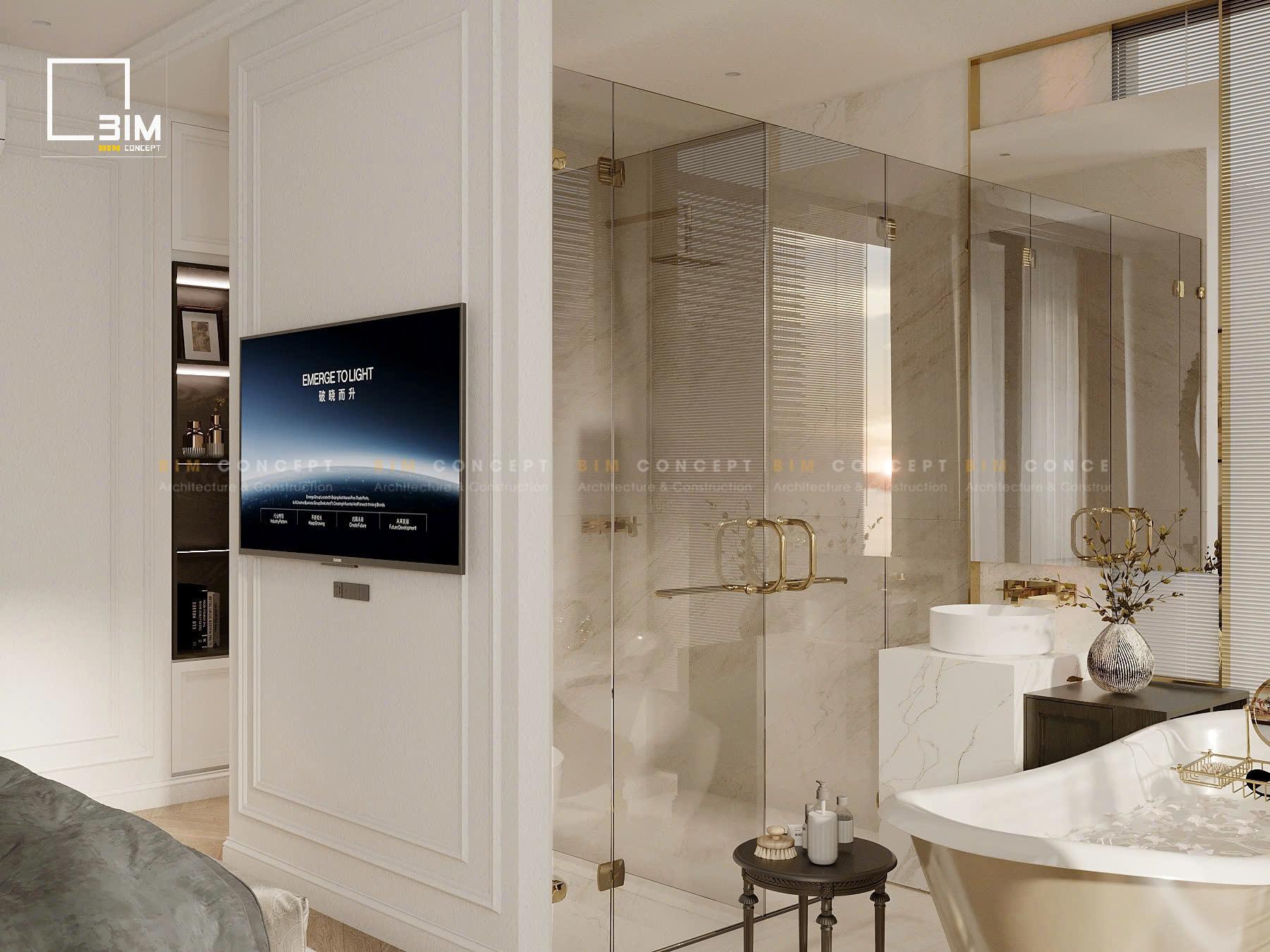 Phòng tắm mở cửa kính cường lực, lavabo sứ tròn trắng nổi bật