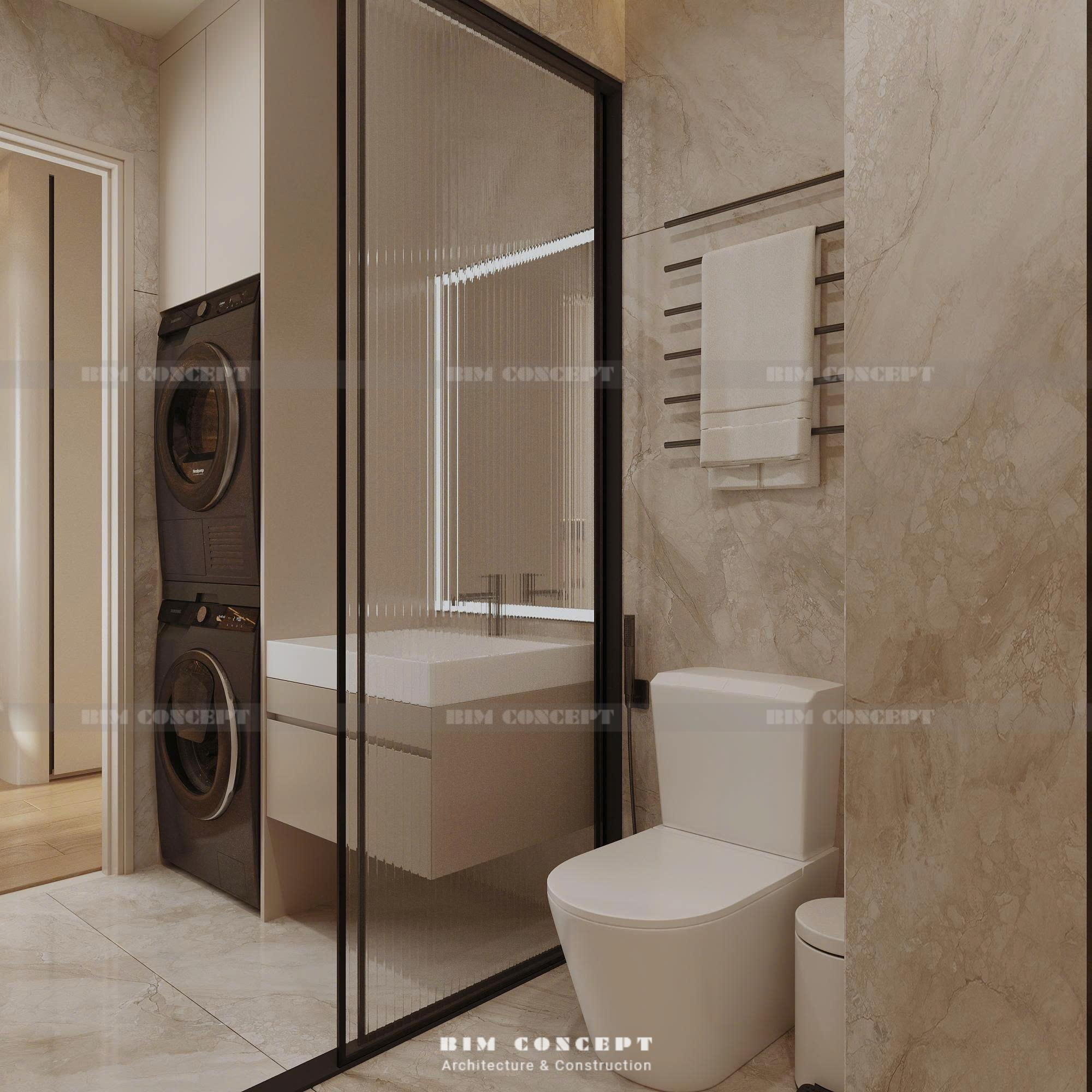 Phòng tắm ốp đá vân mây thiết kế nội thất căn hộ tinh tế hiện đại