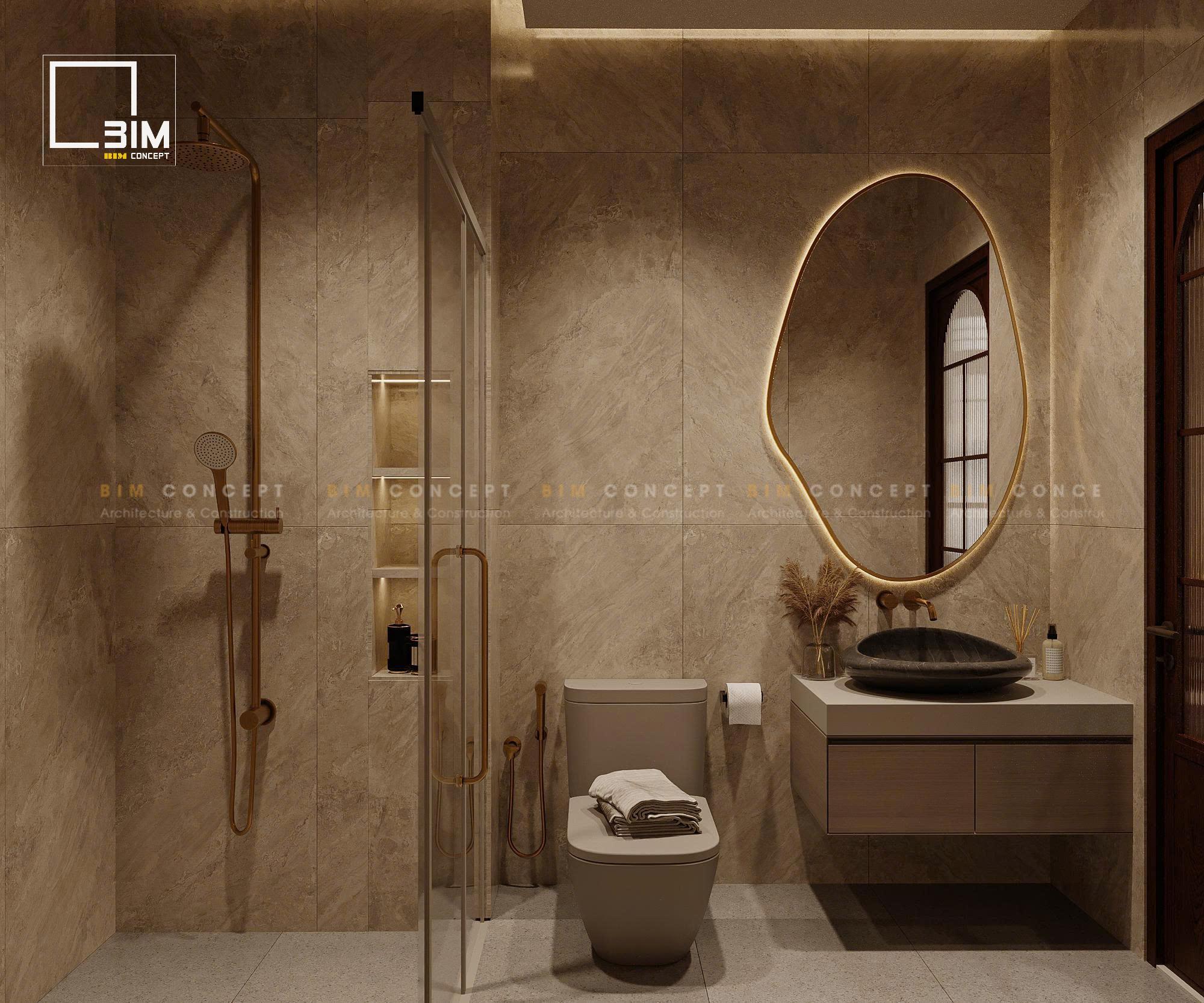 Phòng tắm ốp gạch đá be sen vòi mạ vàng hiện đại và tinh tế