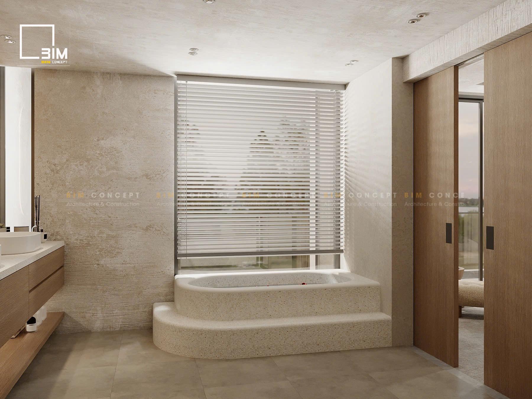 Phòng tắm sang trọng bồn tắm đá mộc mạc phong cách Địa Trung Hải