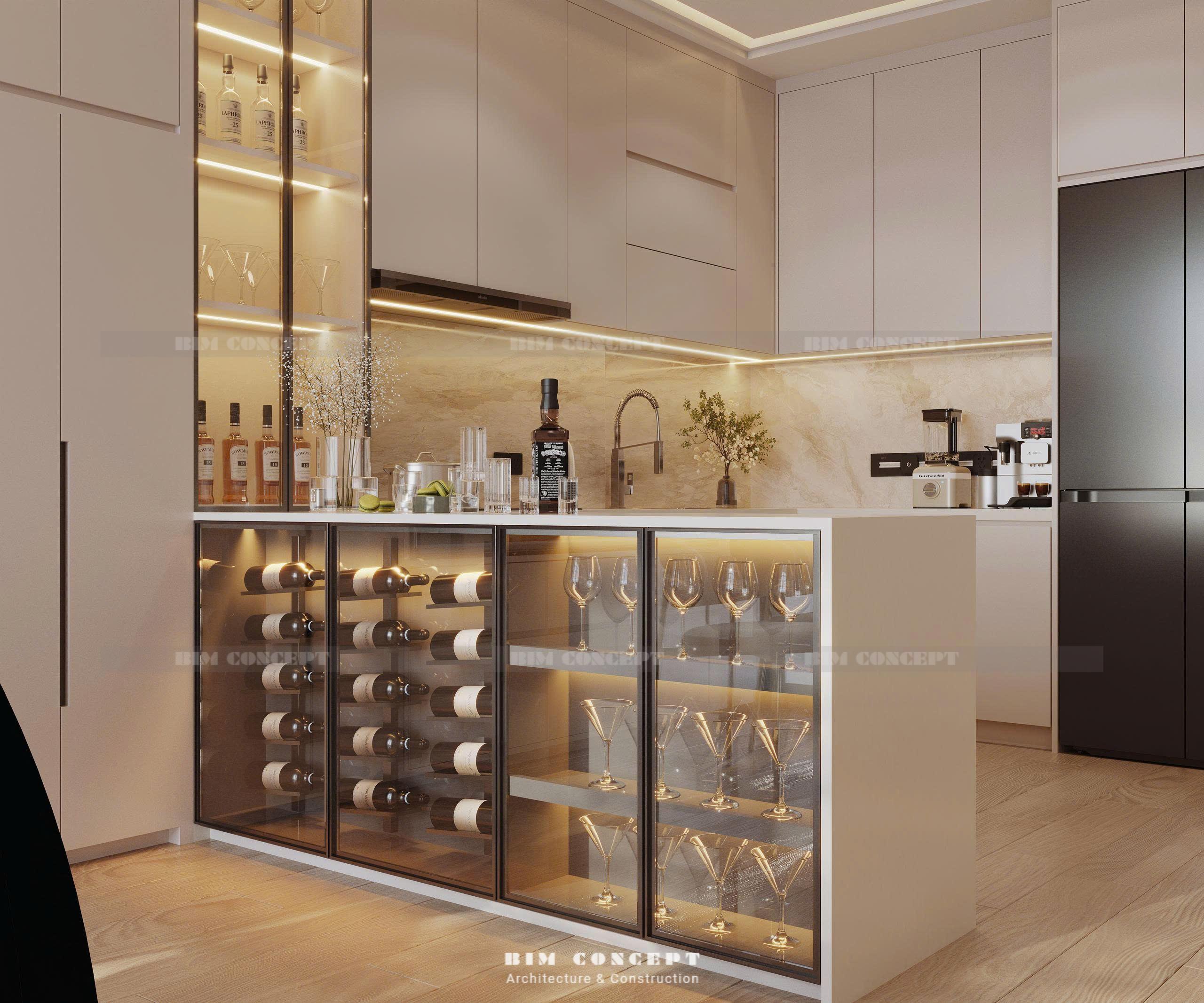 Quầy bar sang trọng nội thất căn hộ với tủ rượu tích hợp hiện đại
