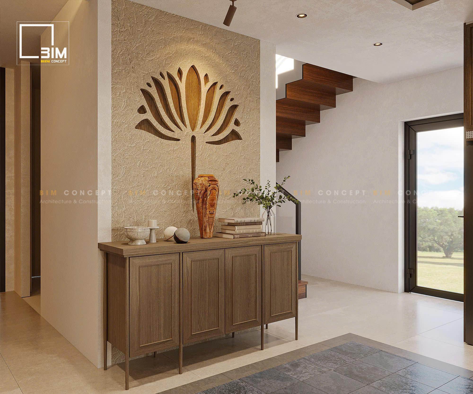 Thiết kế nội thất biệt thự sử dụng hệ tủ gỗ sồi tự nhiên tone sáng ấm