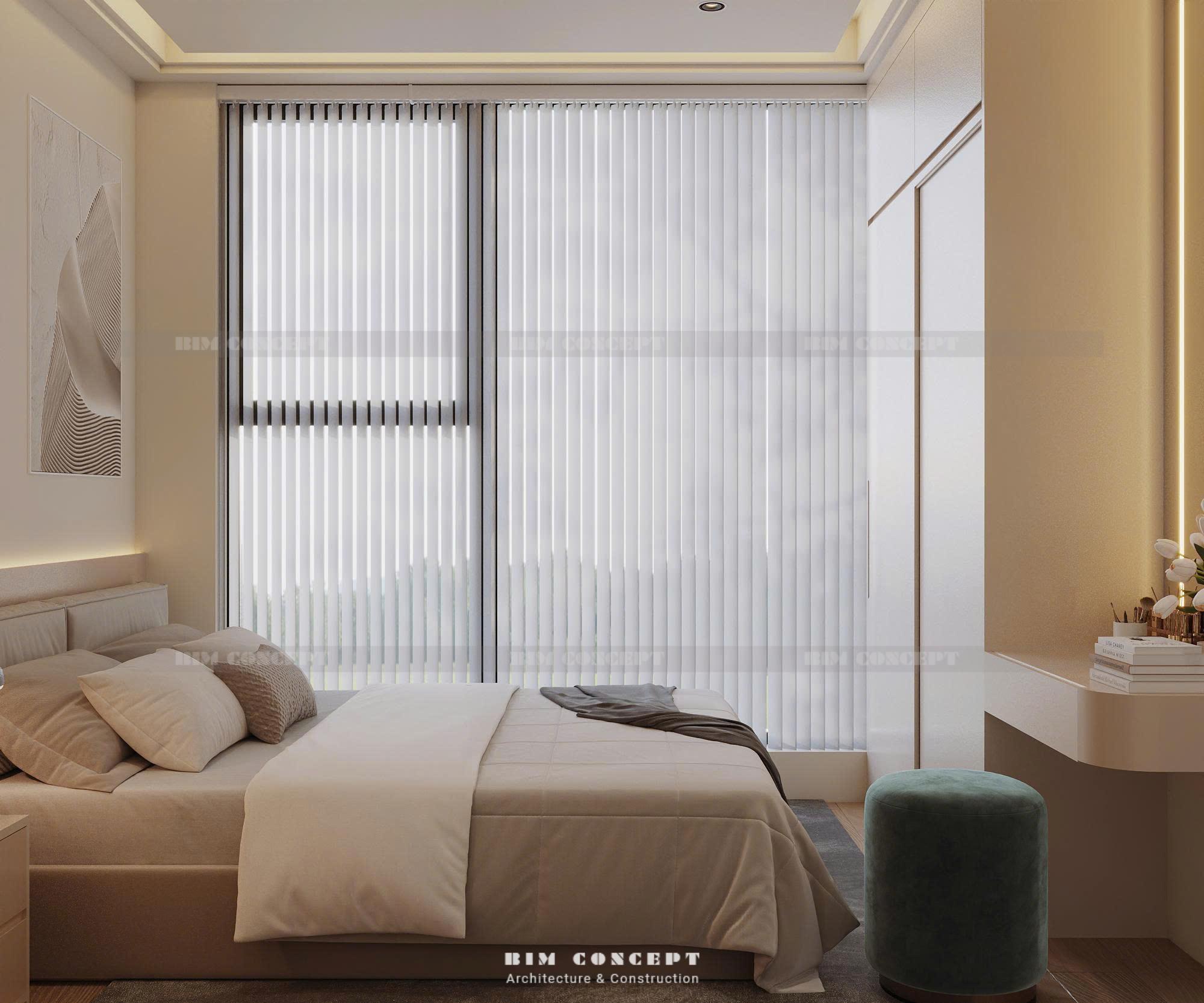 Thiết kế nội thất căn hộ phòng ngủ với cửa sổ lớn thoáng đãng