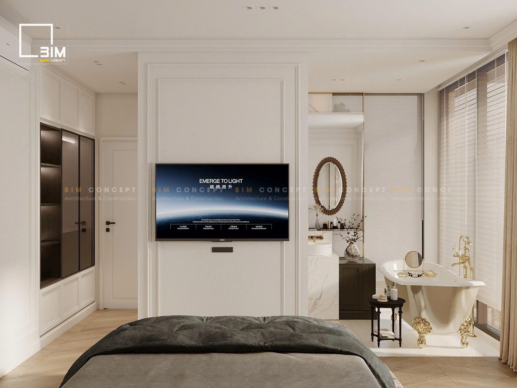 Thiết kế nội thất phòng ngủ biệt thự bồn tắm mạ vàng cạnh cửa sổ lớn