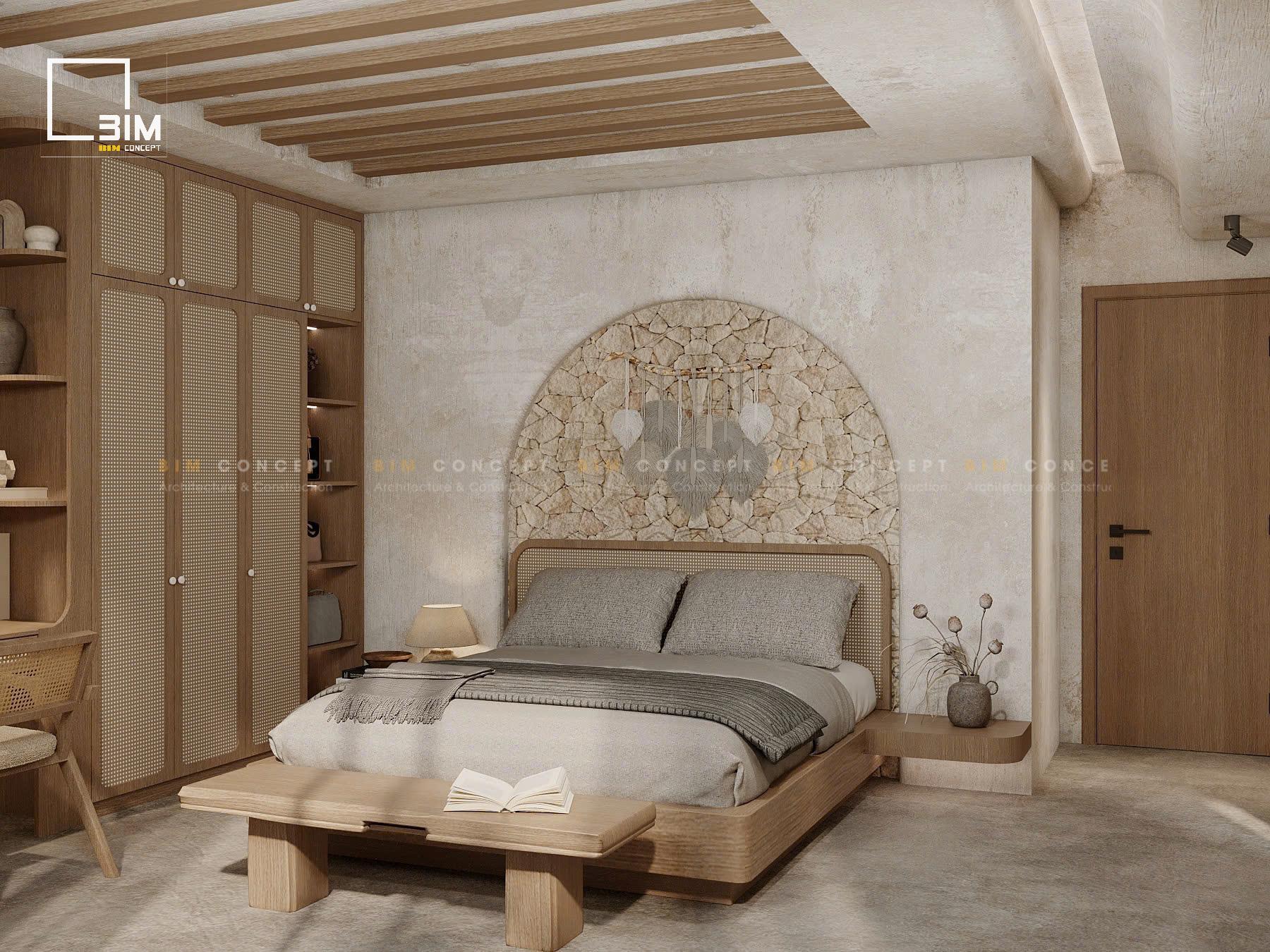 Thiết kế nội thất phòng ngủ biệt thự may tre đan mộc mạc