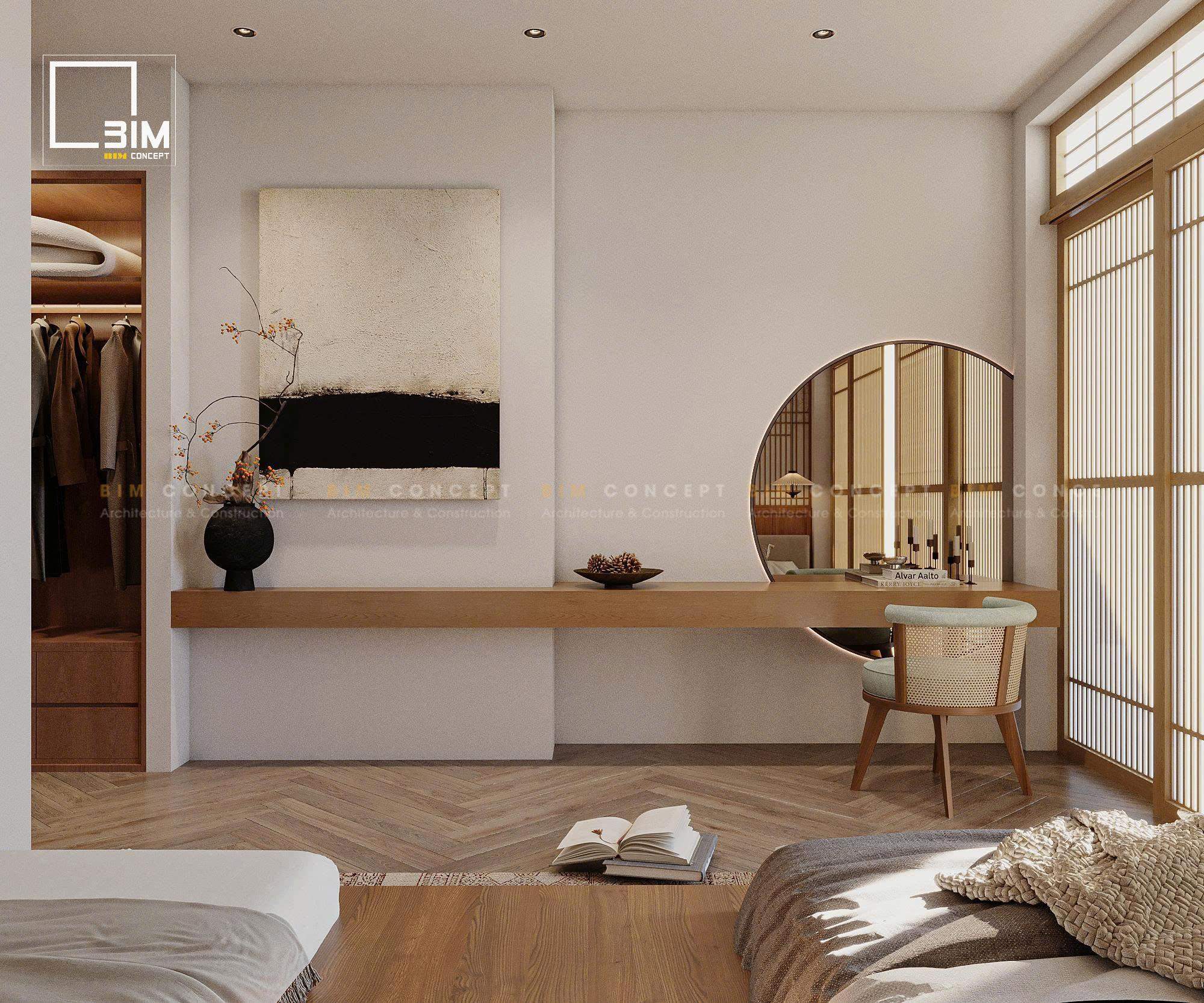 Trần nhà gỗ nan và ánh sáng âm hài hòa thiết kế biệt thự