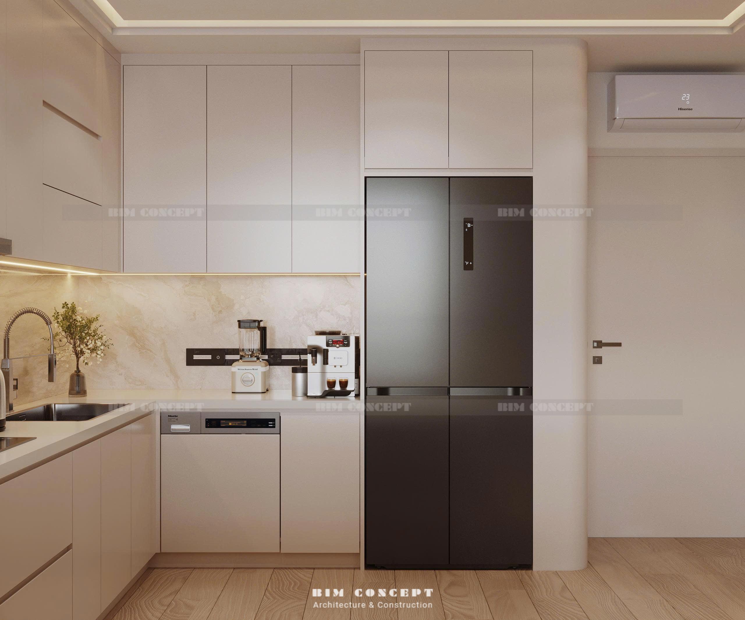 Tủ lạnh lớn tích hợp cùng máy rửa chén trong nội thất căn hộ